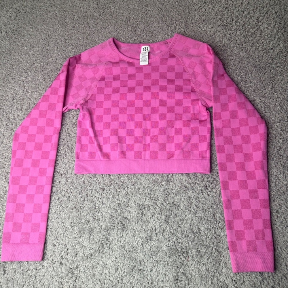 JoyLab Women XL Pink Checkered Cropped Seamless Long Sleeve Tee Thumbhole Active
